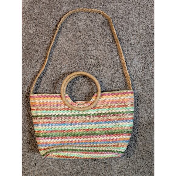 T. Cappelli Woven Straworld Rainbow Boho Straw Tote Bag Circular Handle Tassel - Picture 2 of 8